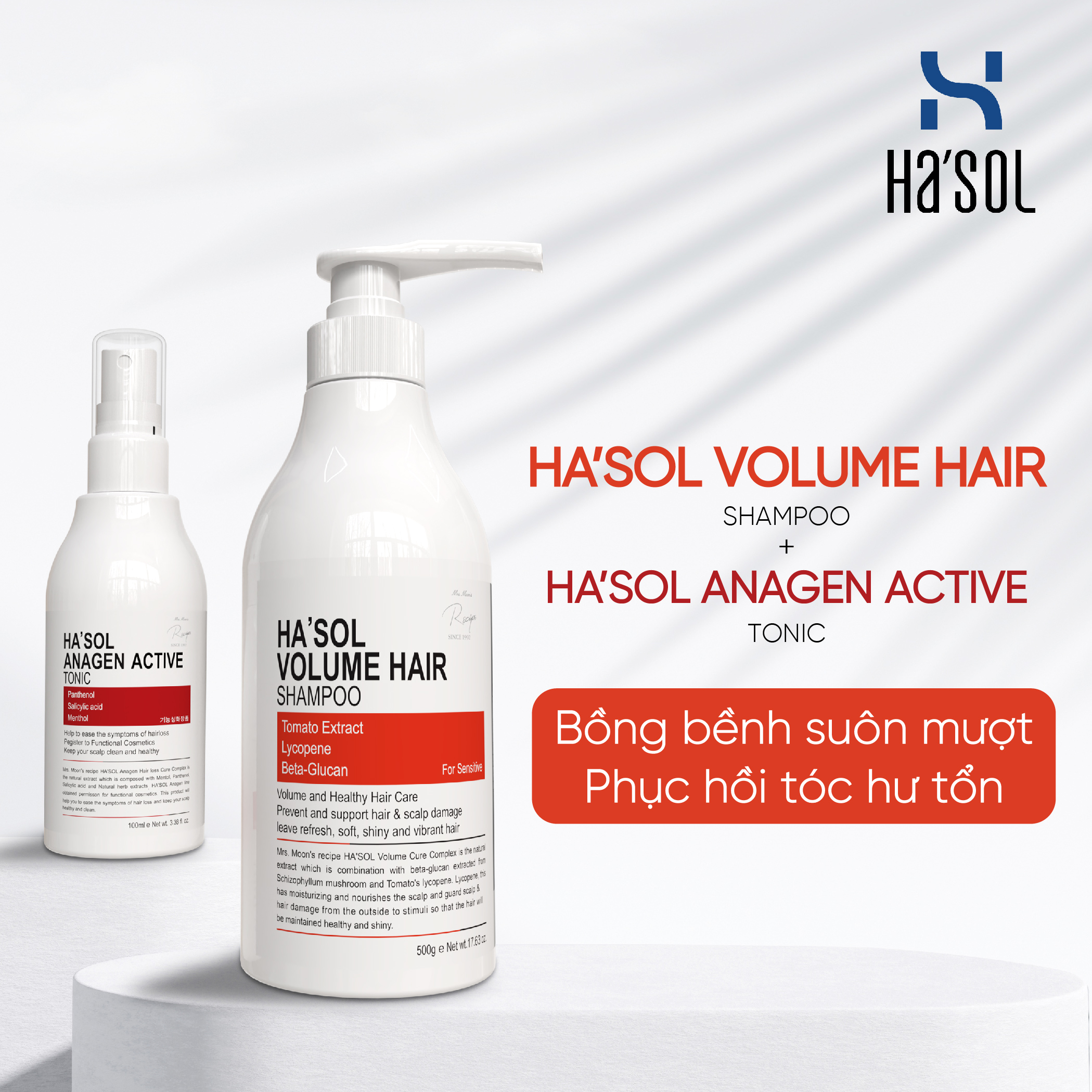 Combo Dầu gội phục hồi hư tổn Ha'sol Volume Hair (Màu Cam) + Xịt dưỡng kích mọc Tóc Ha'sol Active Tonic